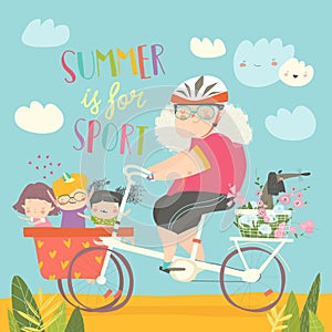 Sporty grandmother riding bicycle with her grandchildren