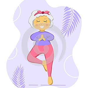 Sporty Granny does Yoga. Old person. Vector colorful cartoon illustration. Senior woman in pose yoga. Exercising for