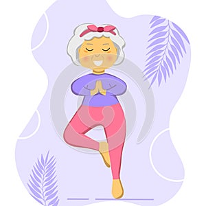 Sporty Granny does Yoga. Old person. Vector colorful cartoon illustration. Senior woman in pose yoga. Exercising for better health