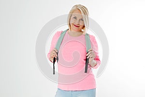 Sporty happy middle age beautiful woman with backpack isolated on white background. Copy space. Mid aged women healthy lifestyle.