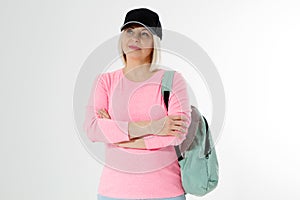 Sporty happy middle age beautiful woman with backpack isolated on white background. Copy space. Mid aged women healthy lifestyle.