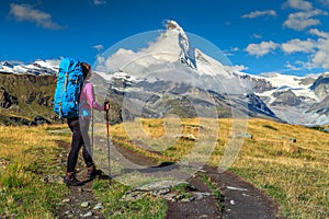 Sporty hiker woman with Matterhorn peak in background,Valais,Switzerland
