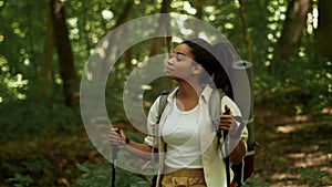 Sporty lifestyle. Young active african american woman hiking in forest with walking sticks, enjoying nature, follow shot