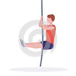 Sporty man doing rope climbing exercise guy training in gym cardio crossfit workout healthy lifestyle concept flat white