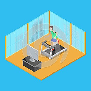 Sporty Man Running on Treadmill at Home. Isometric People. Vector