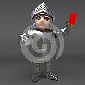 Sporty medieval knight in armour referee`s the game and hands out a penalty, 3d illustration