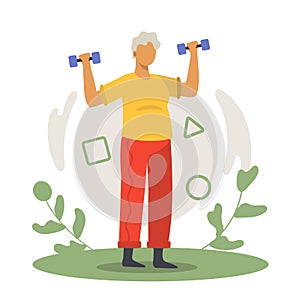 Sporty old woman holding dumbbells and training. Morning training and fitness time