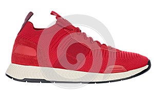 Trendy sport shoe in red, white background, packshot