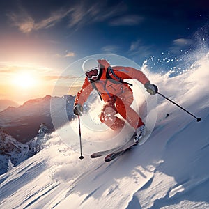 A sporty skier descends the mountain generated by artificial intelligence