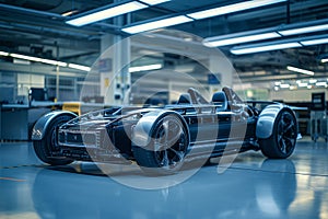 Sporty electric vehicle chassis in workshop photo
