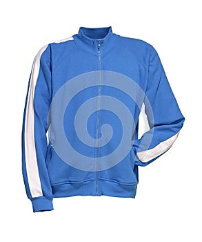 sporty sweat jacket with zipper blue and white stripes isolated on white background