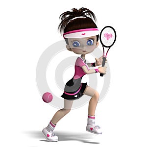 Sporty toon girl in pink clothes plays tennis