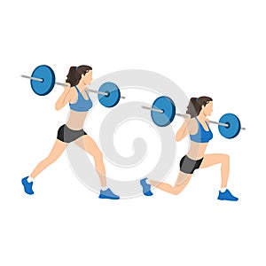 Sporty woman with barbell doing split squat or lunge