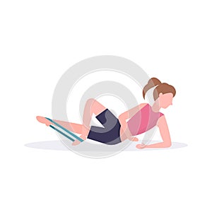 Sporty woman doing exercises with resistance band girl training in gym stretching workout healthy lifestyle concept flat