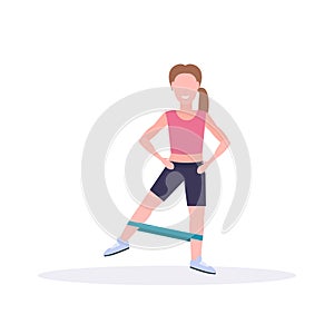 Sporty woman doing exercises with resistance band girl training in gym stretching workout healthy lifestyle concept flat