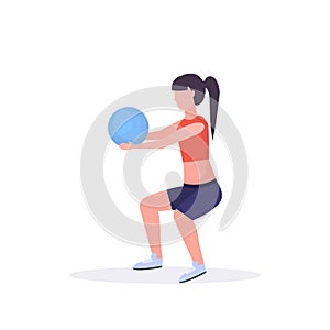 Sporty woman doing squat exercises with fitness ball girl training in gym aerobic workout healthy lifestyle concept flat