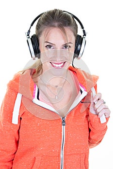 Sporty Woman In Headphones in white background sport concept