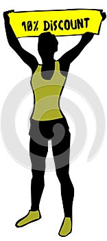 Sporty woman silhouette holding a yellow banner sign with 10 PERCENT DISCOUNT text.
