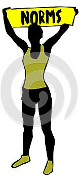 Sporty woman silhouette holding a yellow banner sign with NORMS text.