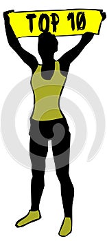 Sporty woman silhouette holding a yellow banner sign with TOP 10 text.