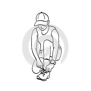 Sporty woman tying shoe laces illustration vector hand drawn isolated on white background line art