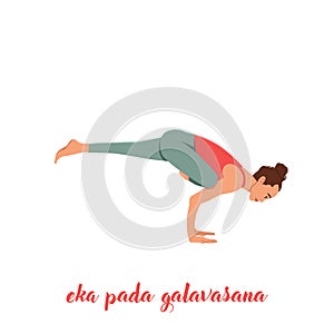 Sporty young man doing yoga, pilates, fitness training, asana Eka Pada Galavasana