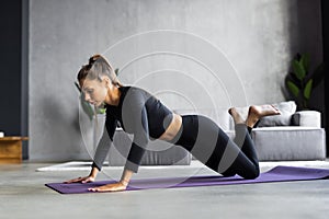 Sportywoman planking in front of laptop, living room interior, side view, copy space. Healthy young lady in sportswear exercising