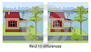Spot the 10 differences Vector cartoon landscape with a wooden house, tree, river, sky, tiled roof, with a porch and a veranda,