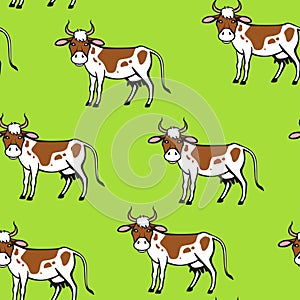 Spot cartoon cow pattern seamless on green background