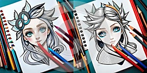 Spot the difference beautiful coloring pencil girl portrait illustration