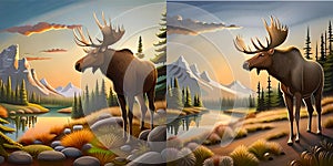 Spot the difference moose mountain stream illustration