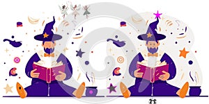 Spot the difference wizard reading magic spells fairies illustration