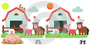 Spot the differences farm barn animals vector graphics illustration