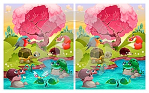 Spot the differences, six changes between the two illustrations.
