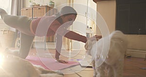 Spot of light against caucasian woman performing yoga while playing with her dog at home