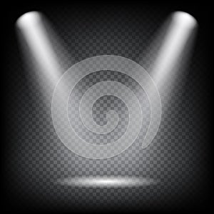 Spot lights on transparent background. Vector light effect.