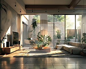 Spotless airy living space contrasted with a dark, dirty section, soft daylight, side view, stark contrast photo