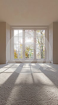 Spotless carpet in a vacant room, windows ajar for ventilation, soft morning light, front angle photo