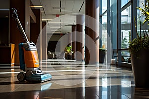 Spotless Office Lobby with Cleaning Machine. AI