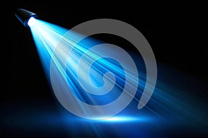 Blue spotlight light beam on black background photo