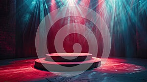 Spotlight on the Empty Stage: Anticipation of the Performance with Red Round Podium on Bright Background