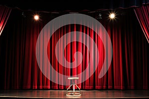 spotlight on empty stage with wired microphone on stand