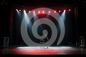 spotlight on empty stage with wired microphone on stand