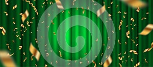 Spotlight on green curtain background and falling golden confetti.