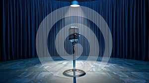 Spotlight on microphone in empty stage setting for performance and expression concept