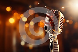 Spotlight on a retro microphone, stage with bokeh, music concept