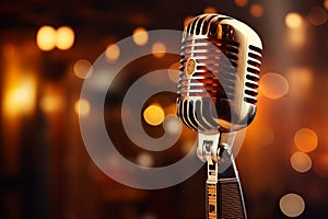 Spotlight on a retro microphone, stage with bokeh, music concept