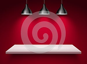 Spotlight shelf on wall background vector design. Light gallery spot empty room advertising shelf red lamp