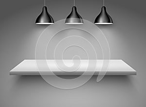 Spotlight shelf on wall background vector design. Light gallery spot empty room advertising shelf white lamp
