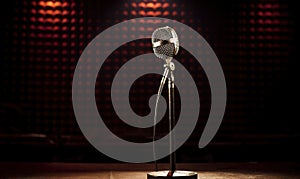 The spotlight shines on the microphone on stage